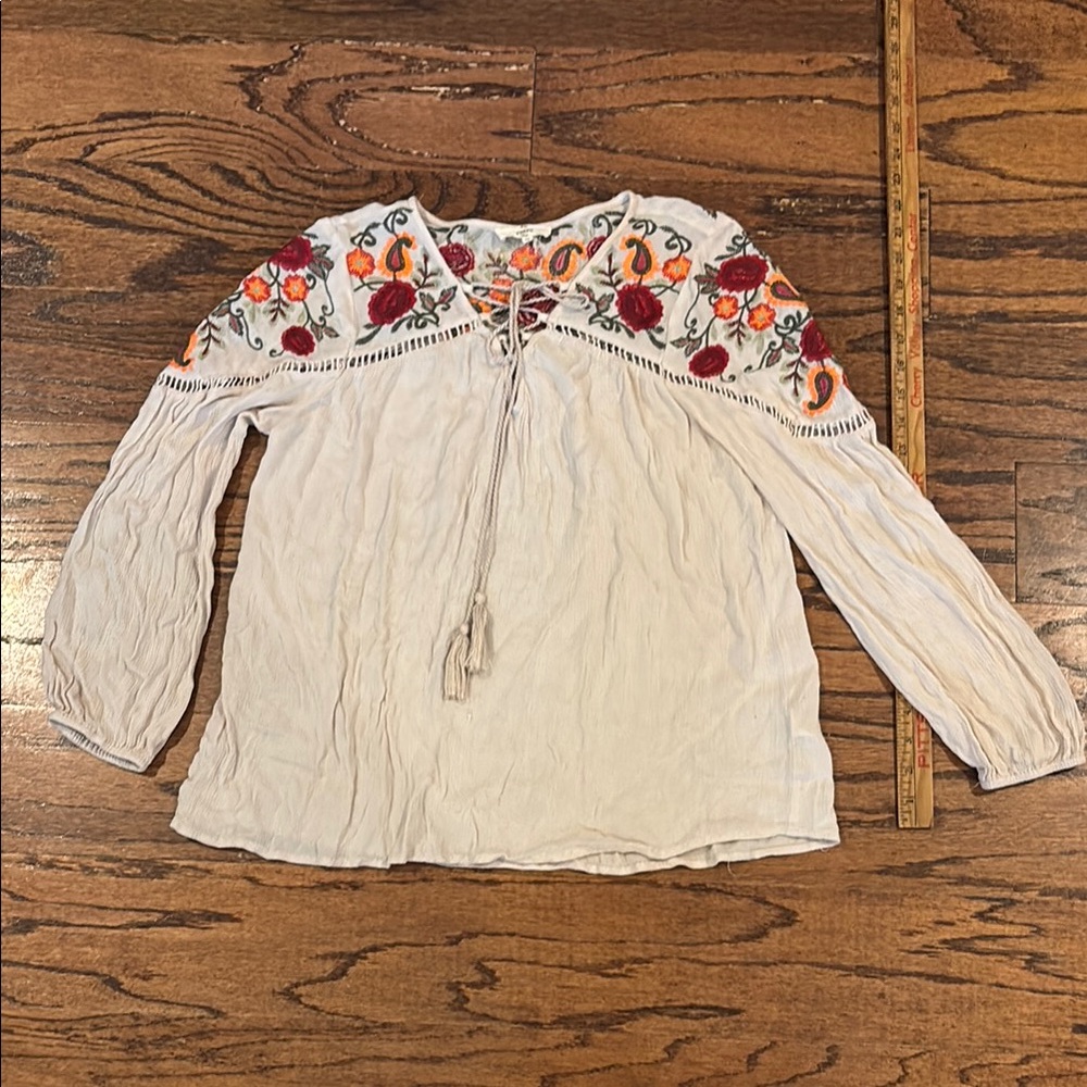 Entro Cream Embroidered Tie Front Blouse